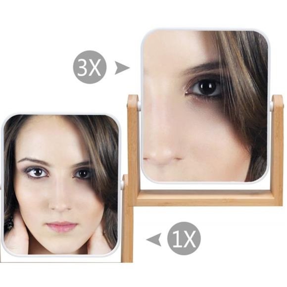 Vanity Makeup Mirror w Natural Bamboo Stand,8 Inch 1X/3X Magnification 2 Sided - Picture 2 of 5